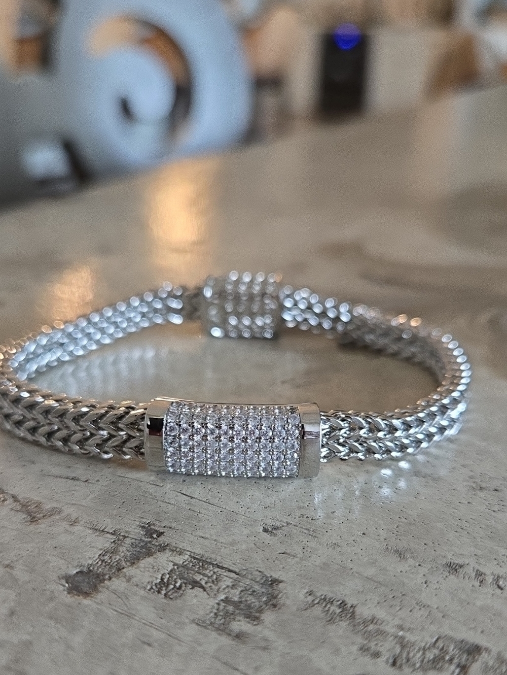 Silver Chain Bracelet with Silver End Caps and CZ Pave Station, NEW